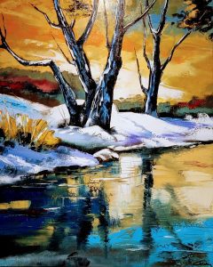 Reflets d'arbres en hiver-huile au couteau-61-50