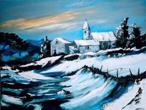 Village ardéchois sous la neige-huile au couteau-70-63