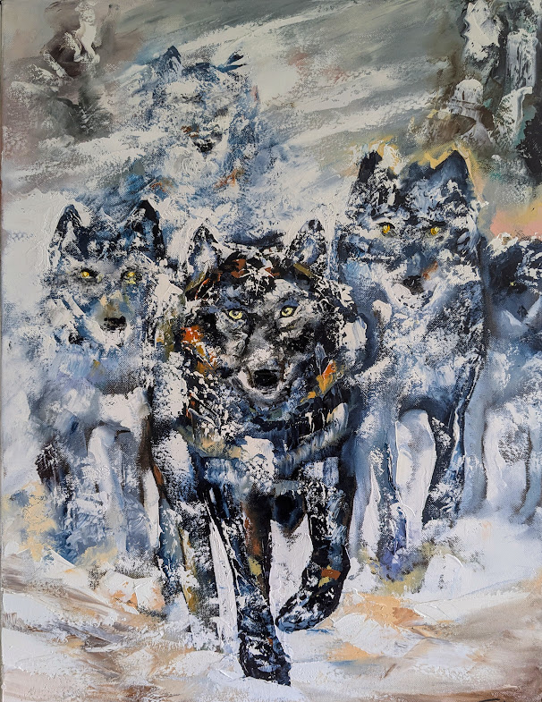 L'approche des loups noirs-huile au couteau-65-50