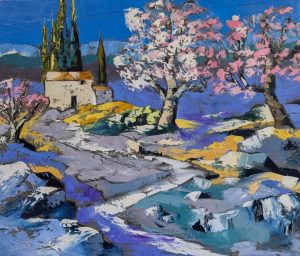 Les-amandiers-en fleur-en-drôme-provençale-huile au couteau 55-46