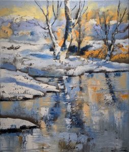 calme hivernal au bord de l'etang -huile au couteau-55-46